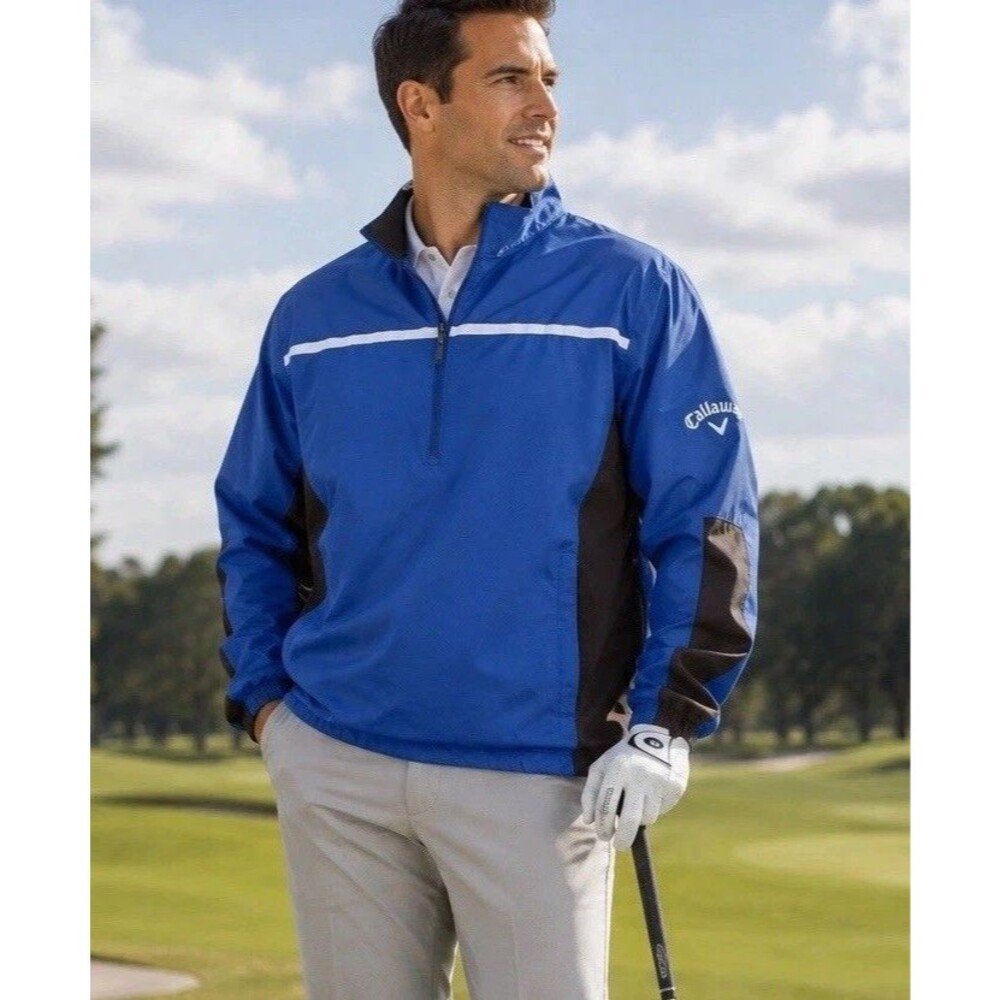 Callaway Weather Series 1/4 Zip Chest Stripe Wind Jacket Mens 2XL Blue Golf